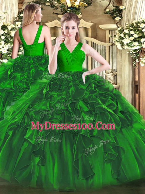 Luxury Dark Green Sleeveless Floor Length Ruffles Zipper Sweet 16 Dress