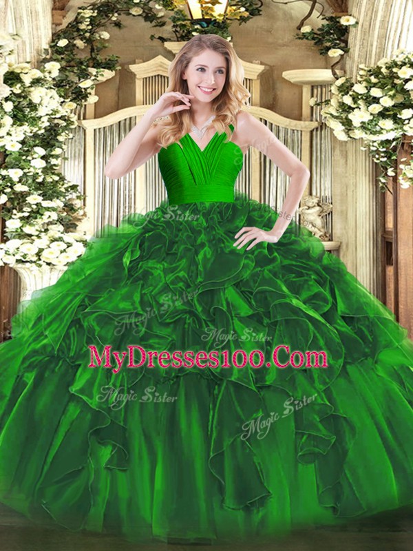 Luxury Dark Green Sleeveless Floor Length Ruffles Zipper Sweet 16 Dress