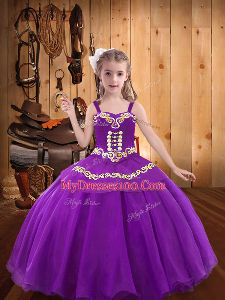 Straps Sleeveless Lace Up Child Pageant Dress Eggplant Purple Organza