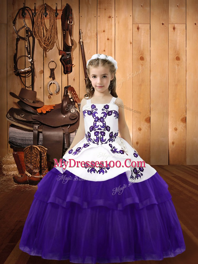 Best Purple Sleeveless Floor Length Embroidery Lace Up Child Pageant Dress