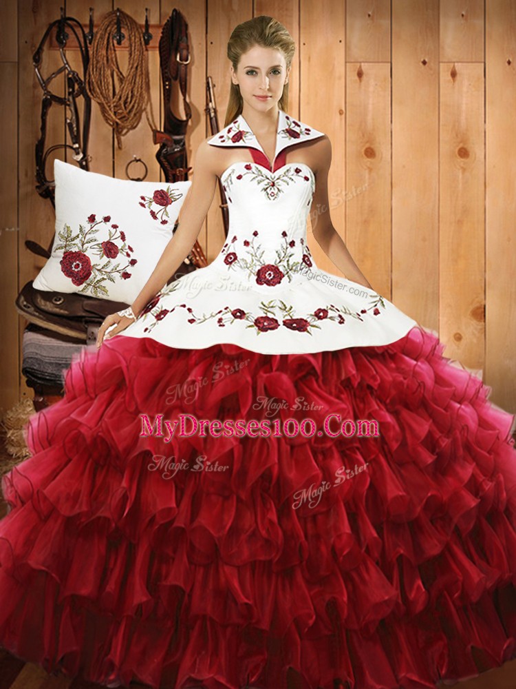 Wine Red Organza Lace Up Halter Top Sleeveless Floor Length 15th Birthday Dress Embroidery and Ruffled Layers