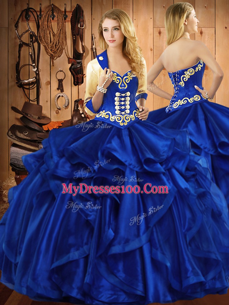 Royal Blue Lace Up Sweet 16 Dresses Embroidery and Ruffles Sleeveless Floor Length