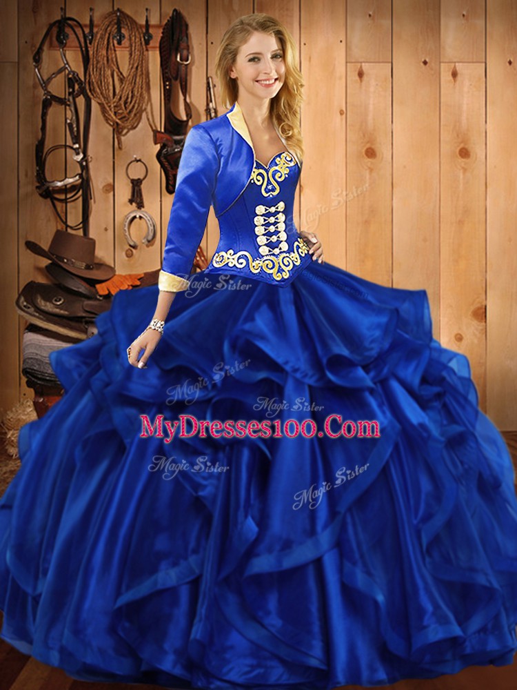 Royal Blue Lace Up Sweet 16 Dresses Embroidery and Ruffles Sleeveless Floor Length