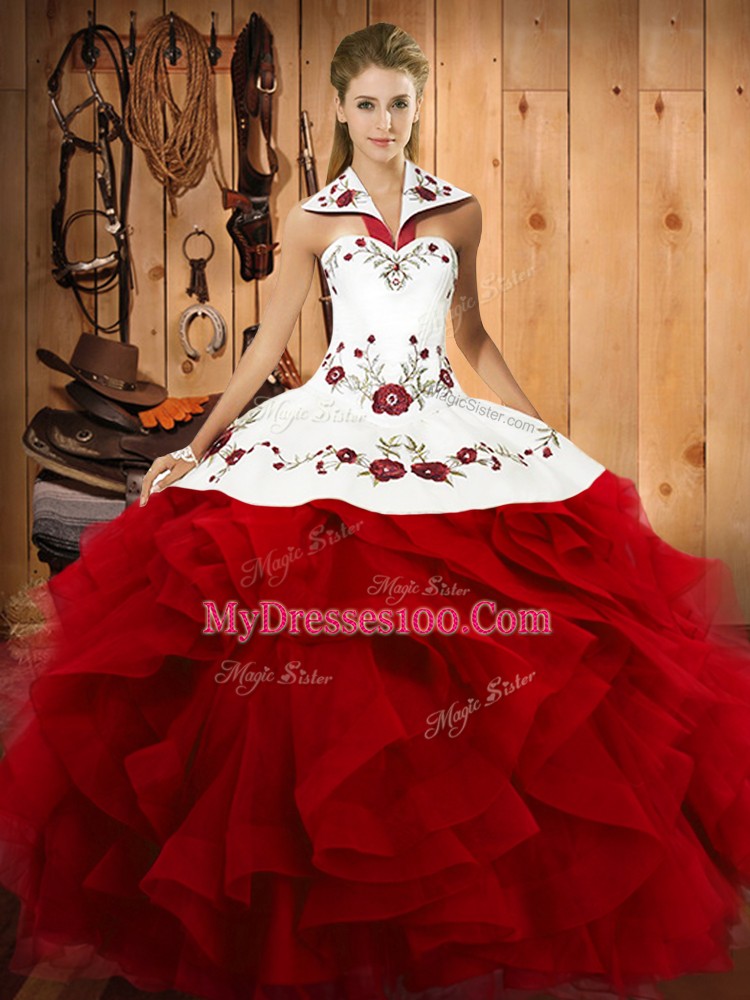 Wine Red Quinceanera Gown Military Ball and Sweet 16 and Quinceanera with Embroidery and Ruffles Halter Top Sleeveless Lace Up