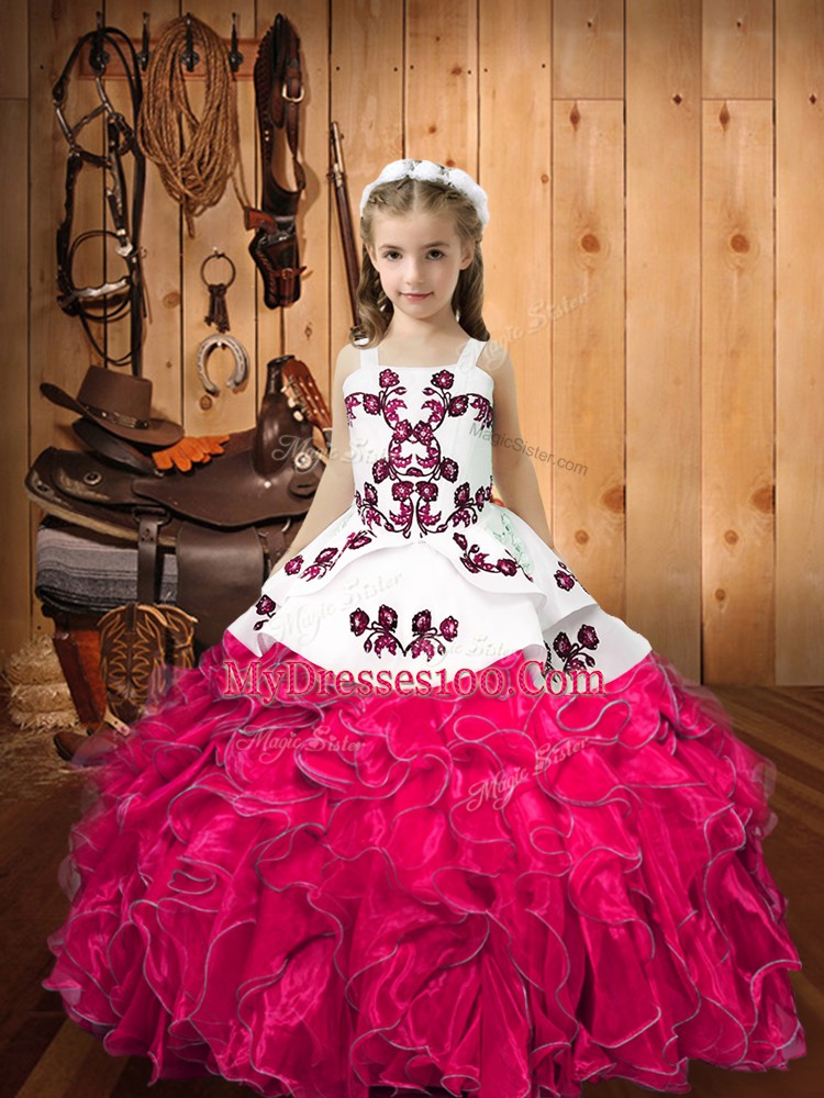 Hot Pink Straps Lace Up Embroidery and Ruffles Little Girls Pageant Dress Wholesale Sleeveless