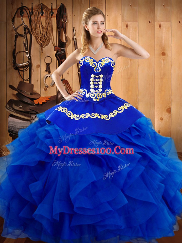 Floor Length Royal Blue Sweet 16 Dresses Satin and Organza Sleeveless Embroidery and Ruffles