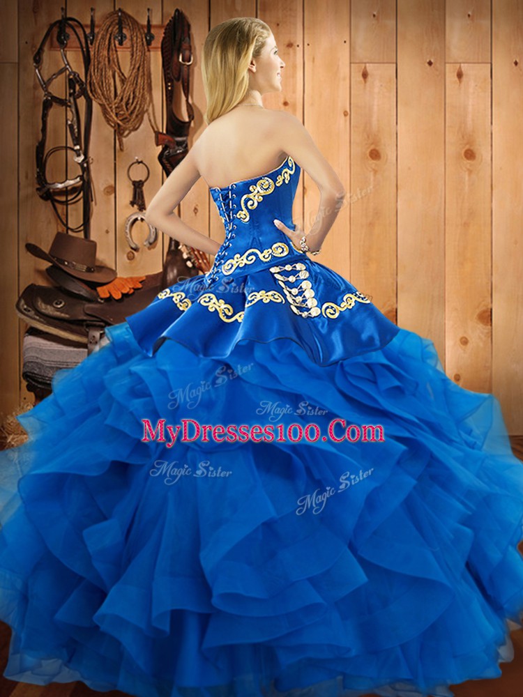 Floor Length Royal Blue Sweet 16 Dresses Satin and Organza Sleeveless Embroidery and Ruffles