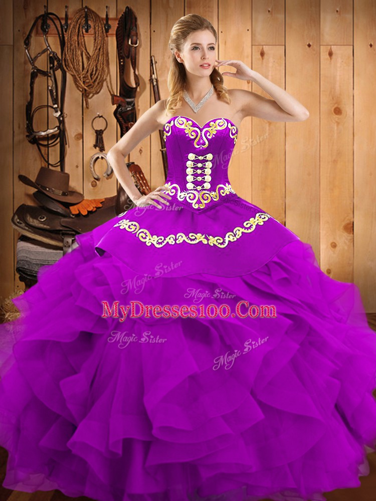 Fabulous Satin and Organza Sweetheart Sleeveless Lace Up Embroidery and Ruffles 15 Quinceanera Dress in Eggplant Purple