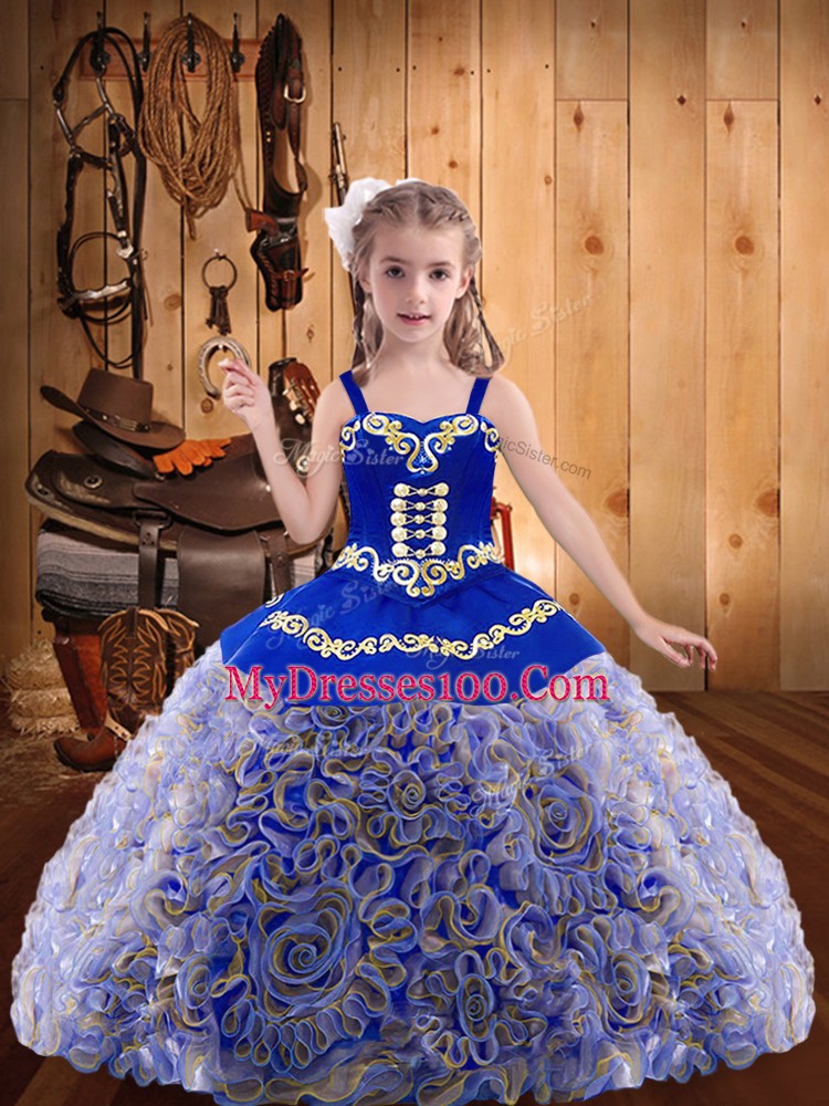 Multi-color Little Girls Pageant Gowns Sweet 16 and Quinceanera with Embroidery and Ruffles Straps Sleeveless Lace Up