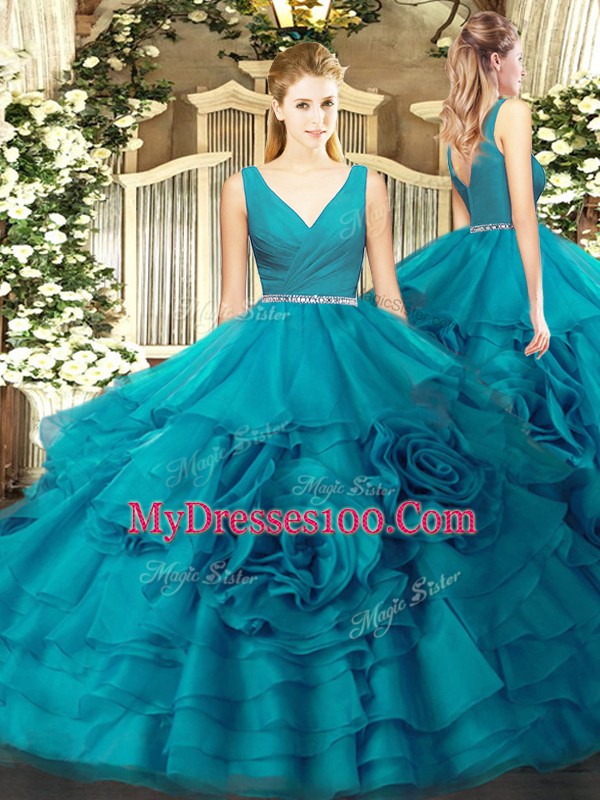 Unique Floor Length Teal Quinceanera Gown V-neck Sleeveless Zipper