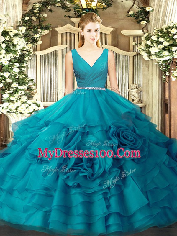 Unique Floor Length Teal Quinceanera Gown V-neck Sleeveless Zipper