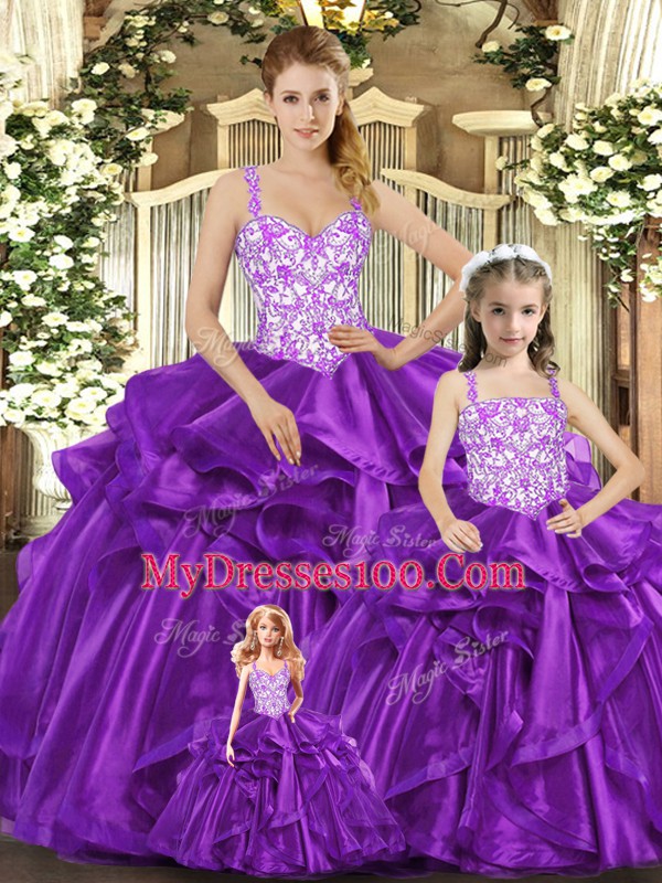 New Style Beading and Ruffles 15 Quinceanera Dress Purple Lace Up Sleeveless Floor Length