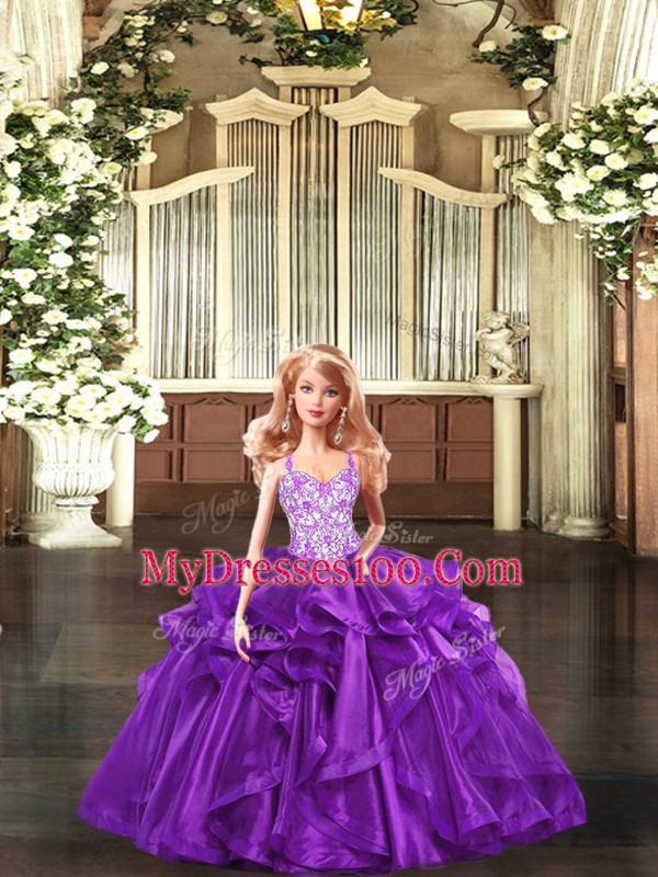 New Style Beading and Ruffles 15 Quinceanera Dress Purple Lace Up Sleeveless Floor Length