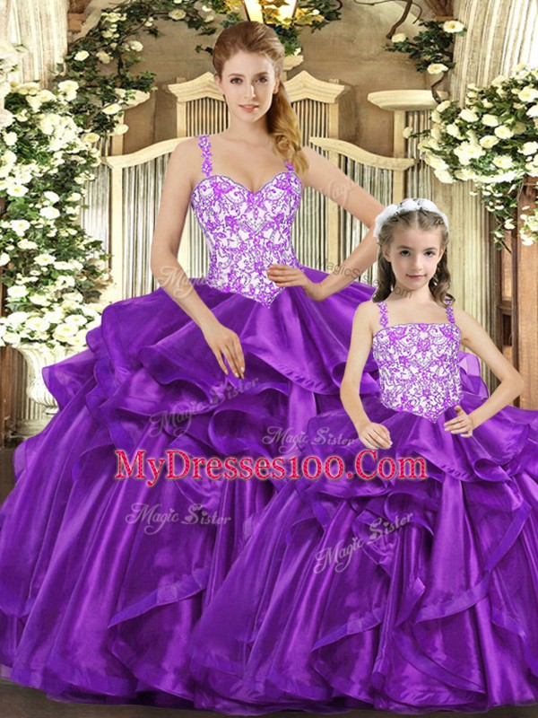 New Style Beading and Ruffles 15 Quinceanera Dress Purple Lace Up Sleeveless Floor Length