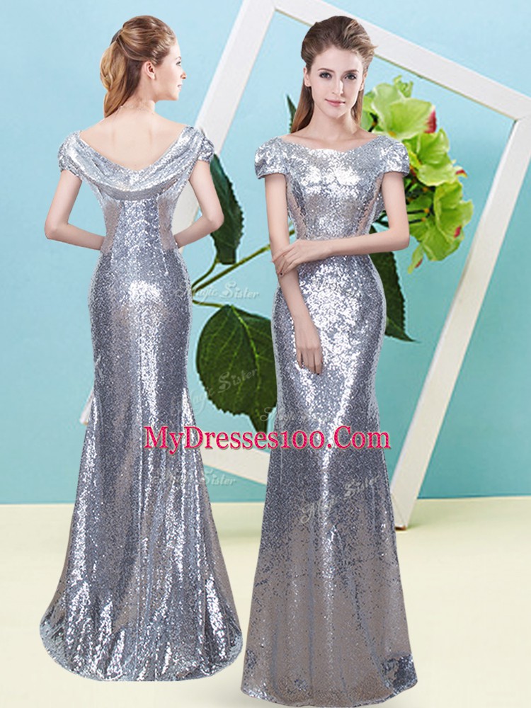 Luxury Silver Prom and Party with Sequins Scoop Cap Sleeves Zipper
