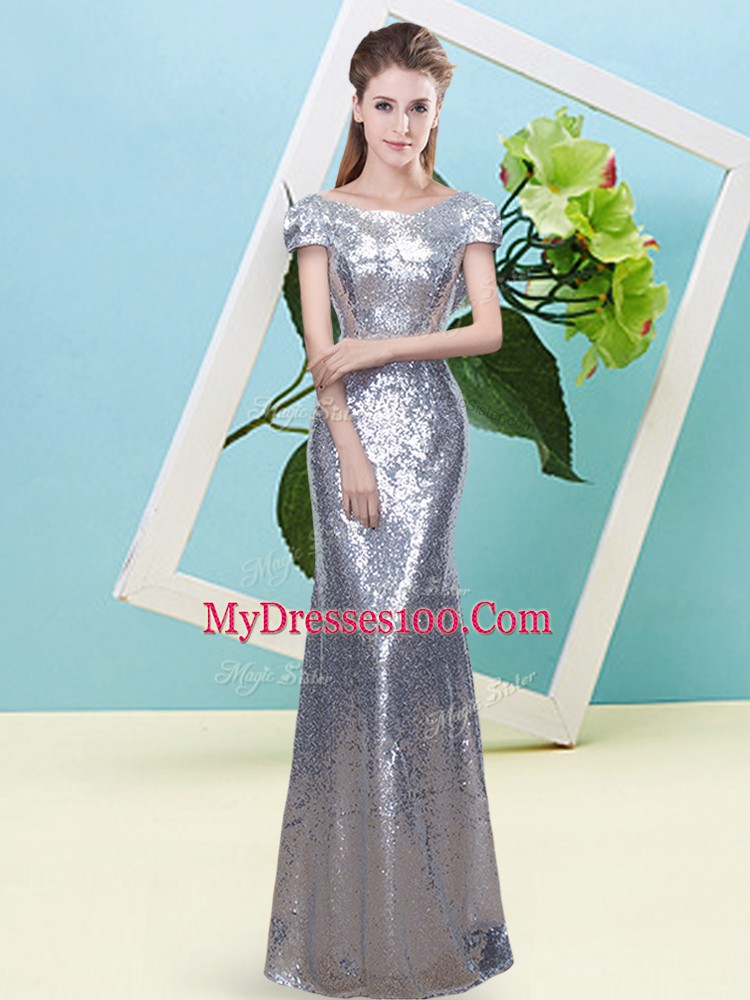 Luxury Silver Prom and Party with Sequins Scoop Cap Sleeves Zipper