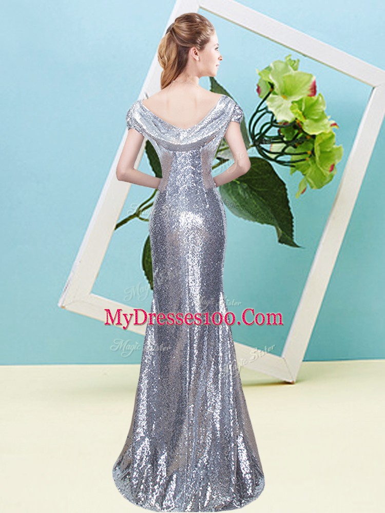 Luxury Silver Prom and Party with Sequins Scoop Cap Sleeves Zipper