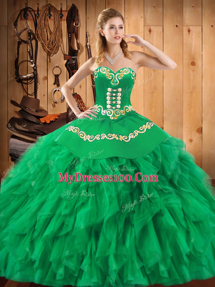 Designer Green Ball Gowns Sweetheart Sleeveless Satin and Organza Floor Length Lace Up Embroidery and Ruffles Vestidos de Quinceanera
