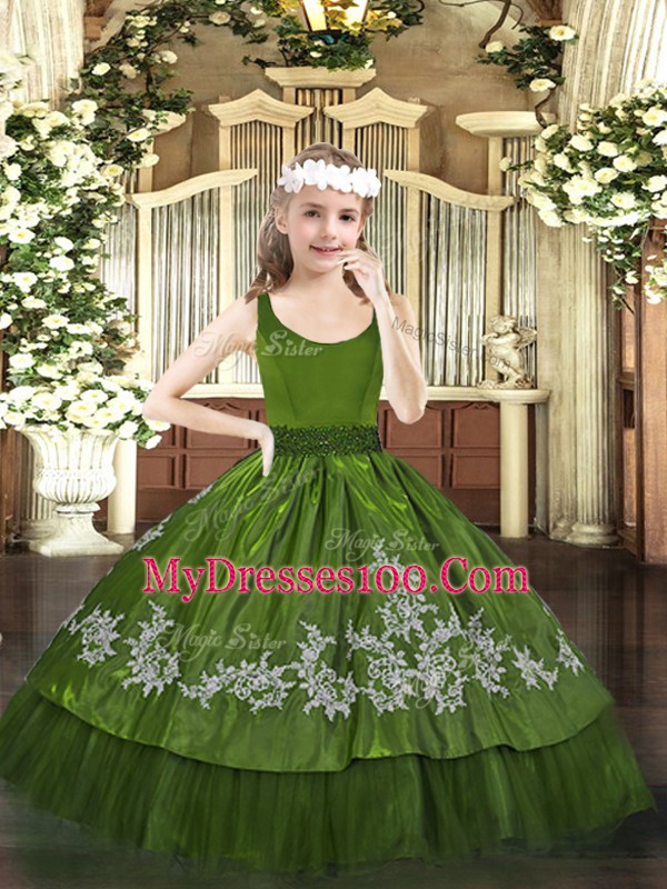 Latest Olive Green Ball Gowns Beading and Appliques Little Girls Pageant Dress Wholesale Zipper Taffeta Sleeveless Floor Length