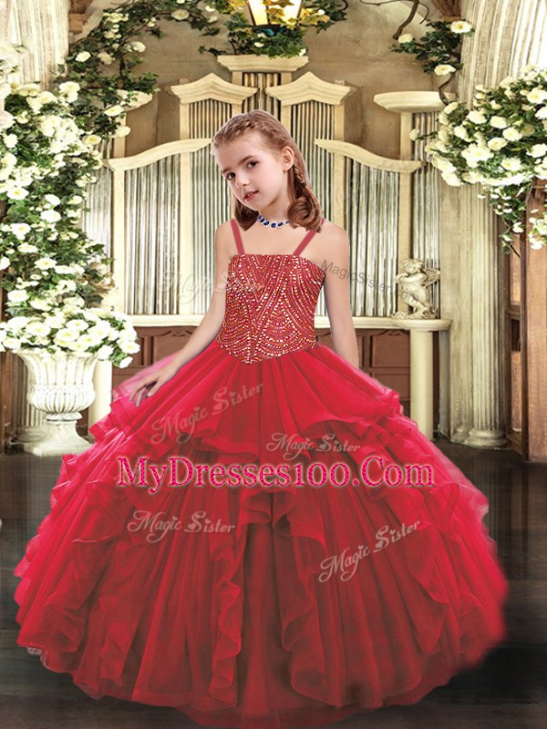 Trendy Sleeveless Organza Floor Length Lace Up Little Girl Pageant Dress in Red with Beading and Ruffles