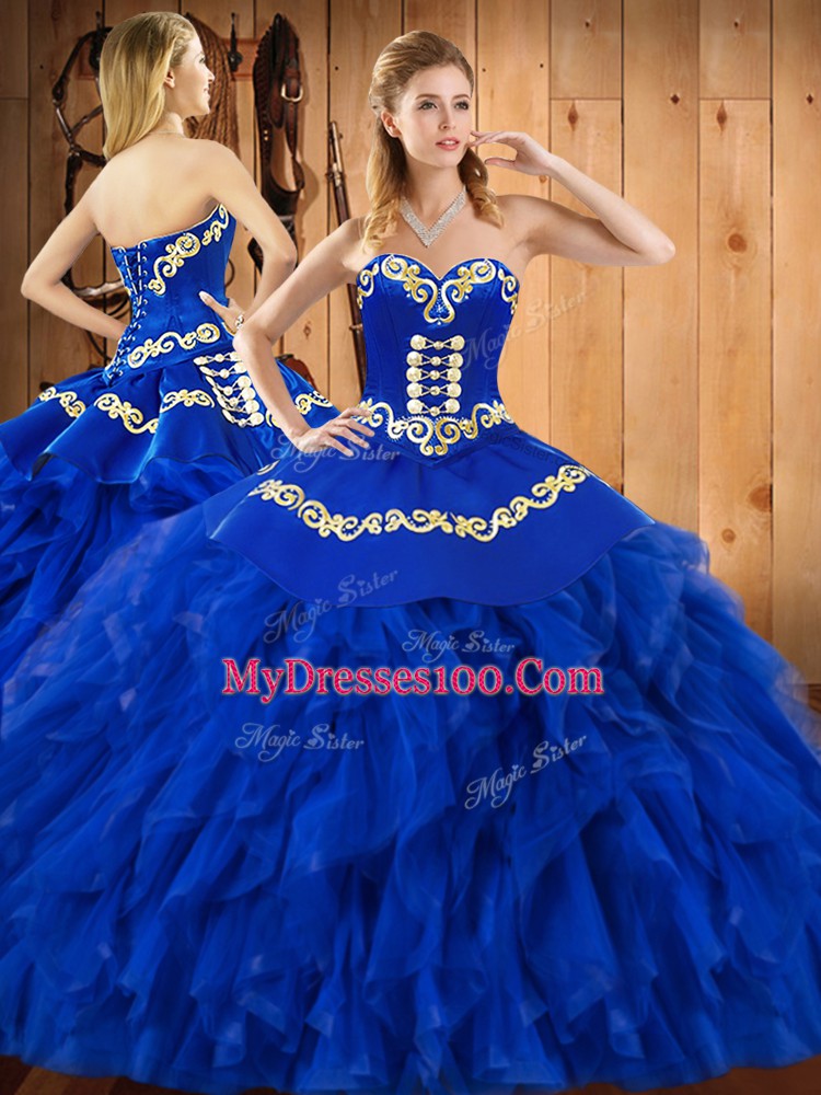 Glorious Blue Ball Gowns Satin and Organza Sweetheart Sleeveless Embroidery and Ruffles Floor Length Lace Up Quinceanera Dress