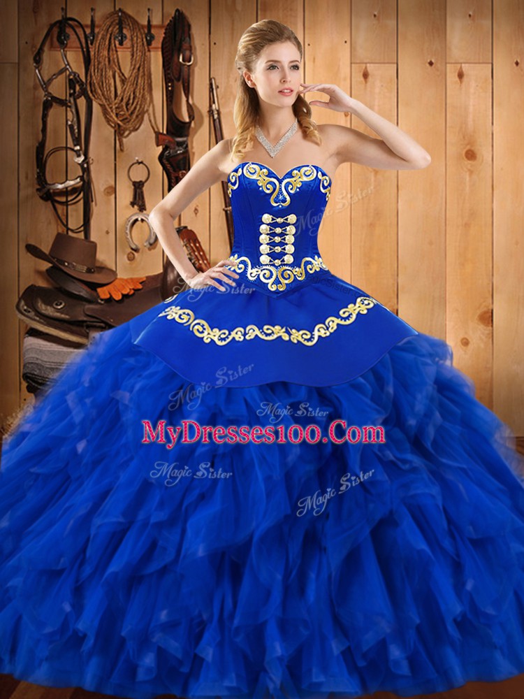 Glorious Blue Ball Gowns Satin and Organza Sweetheart Sleeveless Embroidery and Ruffles Floor Length Lace Up Quinceanera Dress