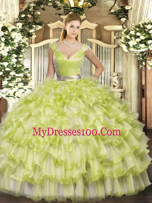 Admirable Yellow Green Vestidos de Quinceanera Military Ball and Sweet 16 and Quinceanera with Ruffled Layers V-neck Sleeveless Zipper