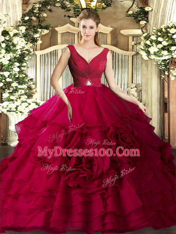 Affordable Red Ball Gowns V-neck Sleeveless Organza Floor Length Backless Beading and Ruffles Sweet 16 Dress
