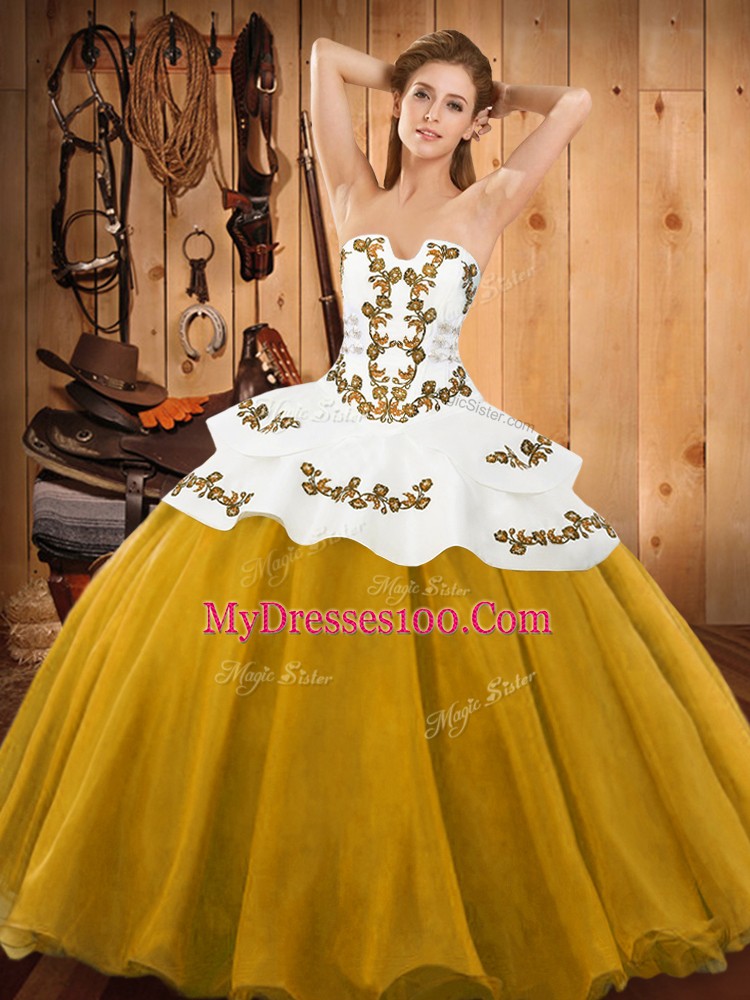 Ball Gowns Sweet 16 Dress Gold Strapless Tulle Sleeveless Floor Length Lace Up