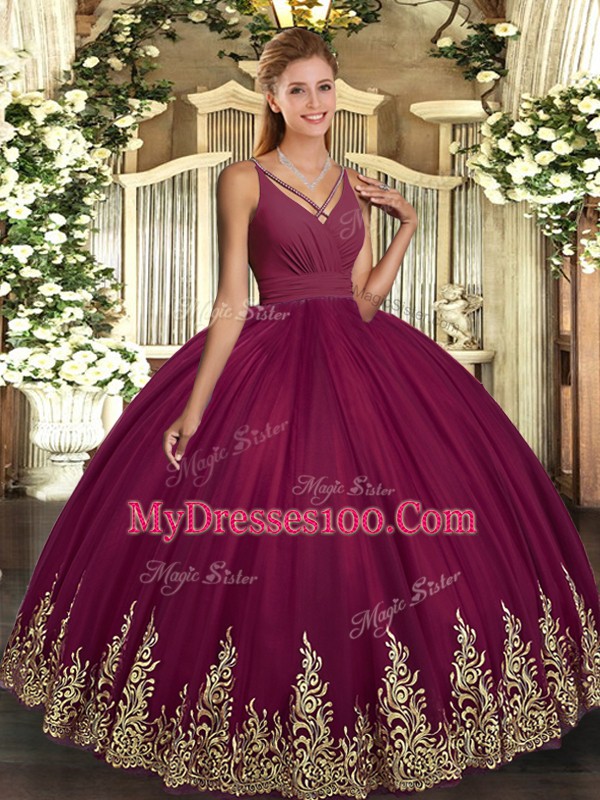 Designer Burgundy Tulle Backless V-neck Sleeveless Floor Length Quinceanera Dresses Appliques