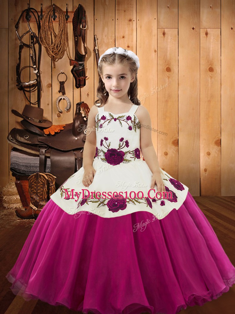 Modern Fuchsia Ball Gowns Straps Sleeveless Organza Floor Length Zipper Embroidery Girls Pageant Dresses