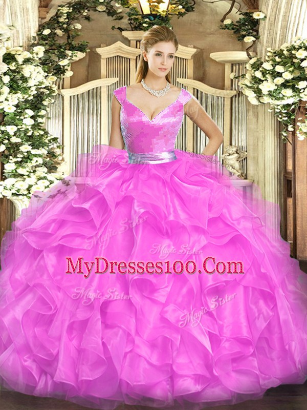 Deluxe Fuchsia Ball Gowns V-neck Sleeveless Tulle Floor Length Zipper Beading and Ruffles Quinceanera Dresses