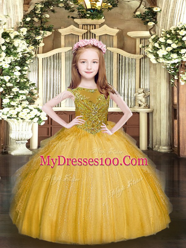 Gold Tulle Zipper Glitz Pageant Dress Sleeveless Floor Length Beading and Ruffles