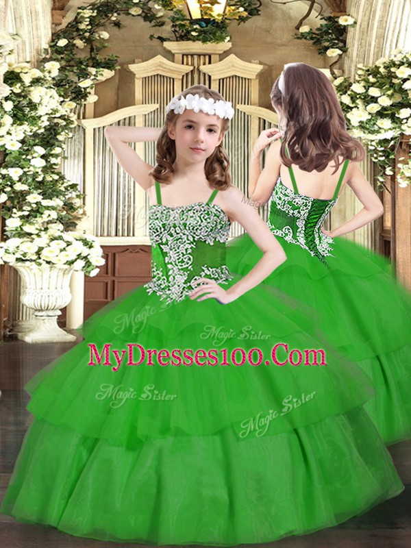 Green Sleeveless Floor Length Appliques and Ruffled Layers Lace Up Kids Formal Wear