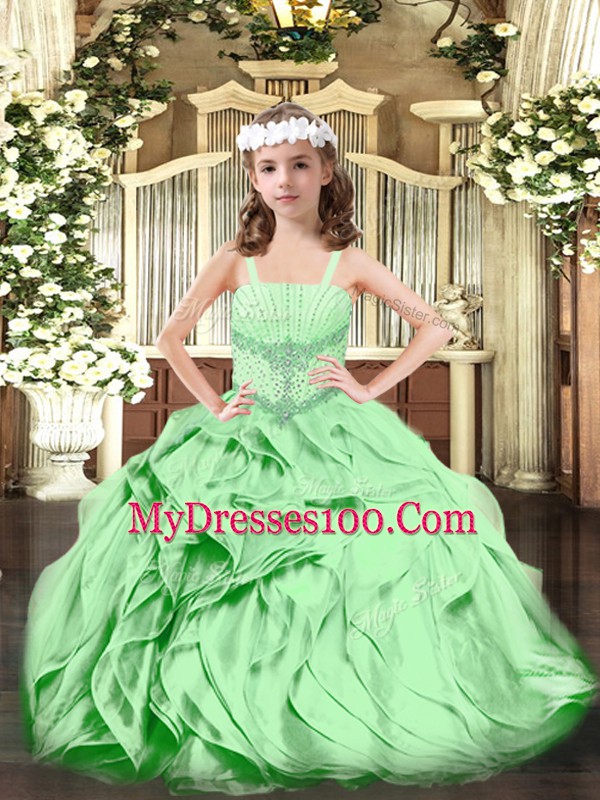Trendy Green Sleeveless Organza Lace Up Girls Pageant Dresses for Party and Quinceanera