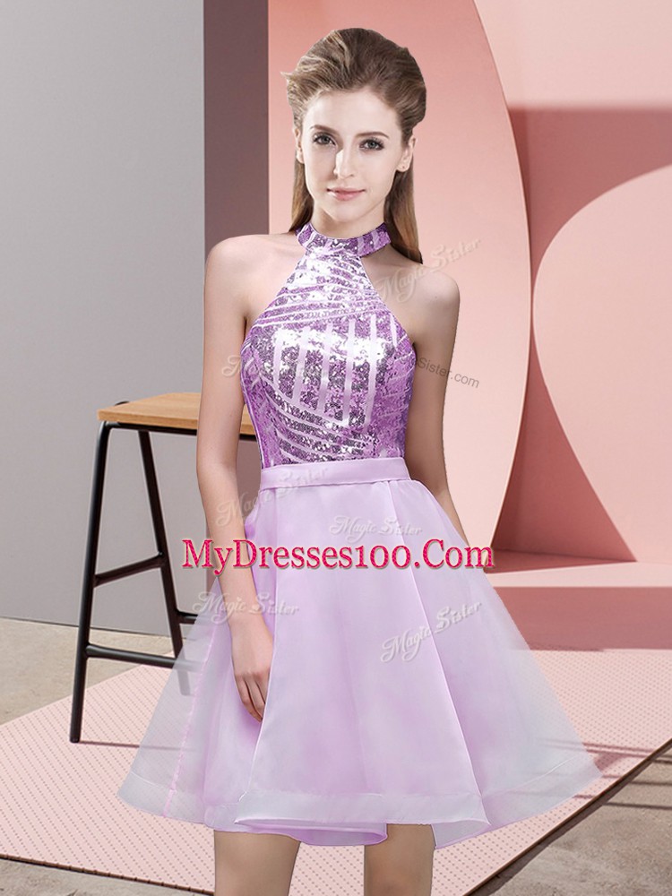 Chic Halter Top Sleeveless Wedding Party Dress Mini Length Sequins Lilac Chiffon