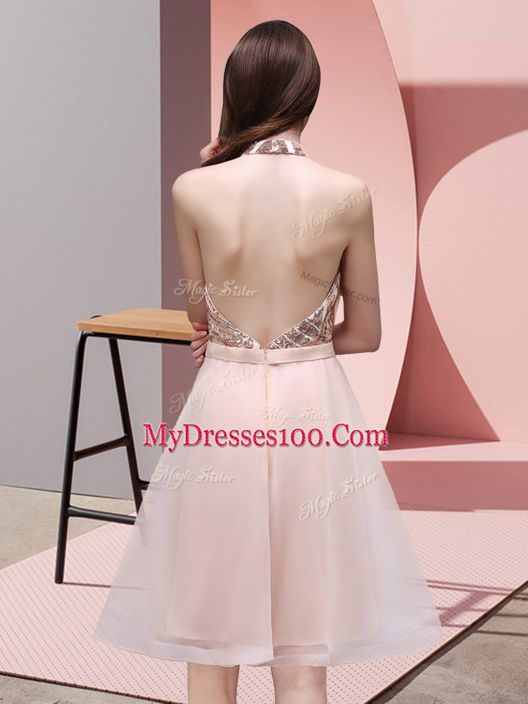 Chic Halter Top Sleeveless Wedding Party Dress Mini Length Sequins Lilac Chiffon