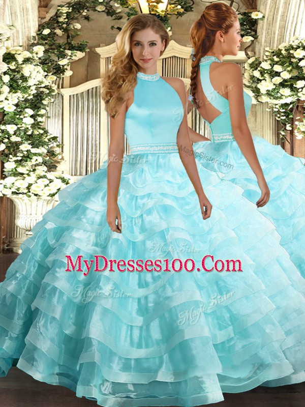 Fitting Aqua Blue Sleeveless Beading and Ruffled Layers Floor Length 15th Birthday Dress