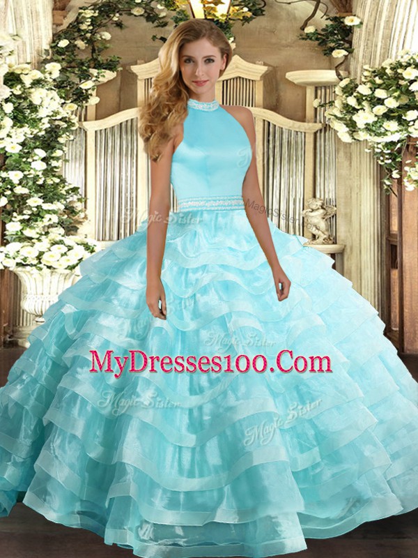 Fitting Aqua Blue Sleeveless Beading and Ruffled Layers Floor Length 15th Birthday Dress