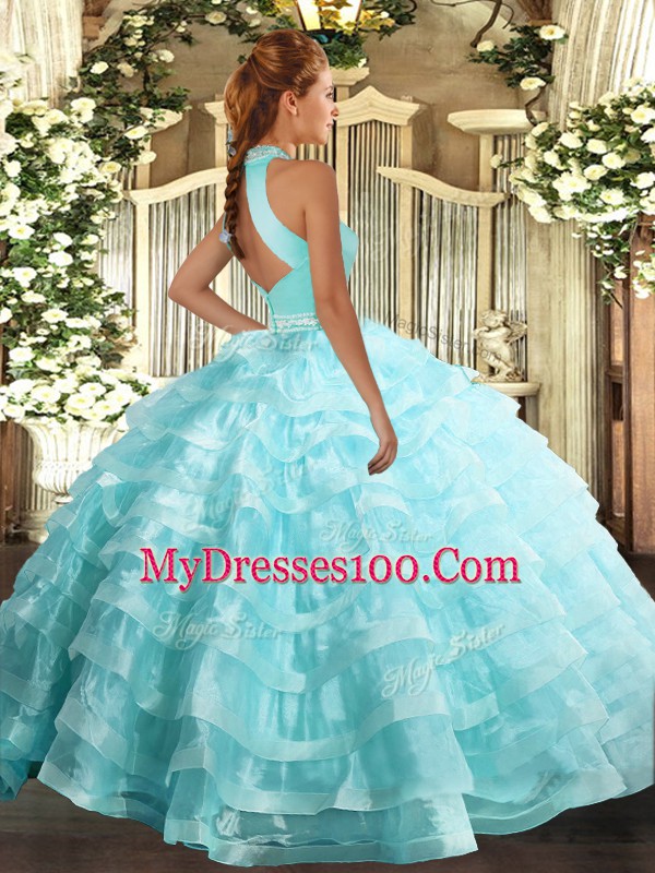Fitting Aqua Blue Sleeveless Beading and Ruffled Layers Floor Length 15th Birthday Dress
