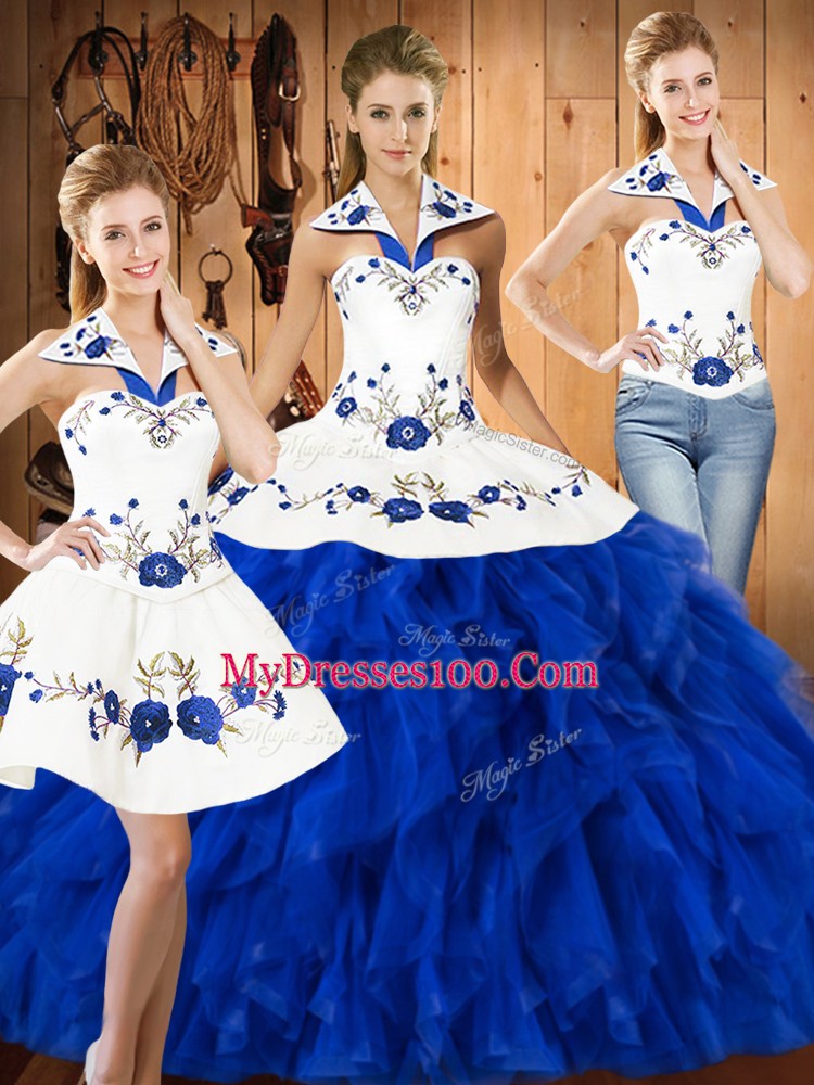Custom Fit Blue And White Lace Up Halter Top Embroidery and Ruffles Sweet 16 Quinceanera Dress Satin and Organza Sleeveless