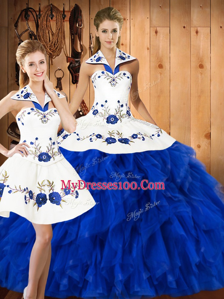 Custom Fit Blue And White Lace Up Halter Top Embroidery and Ruffles Sweet 16 Quinceanera Dress Satin and Organza Sleeveless
