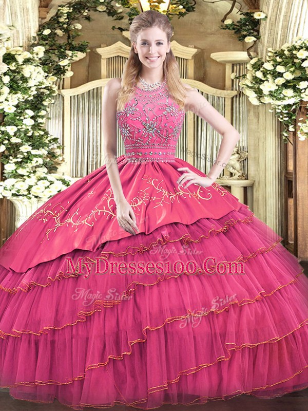 Halter Top Sleeveless Zipper Quinceanera Dresses Hot Pink Satin and Tulle