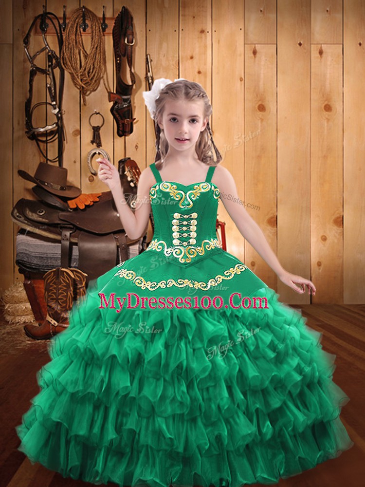 Sleeveless Lace Up Floor Length Embroidery and Ruffled Layers Child Pageant Dress