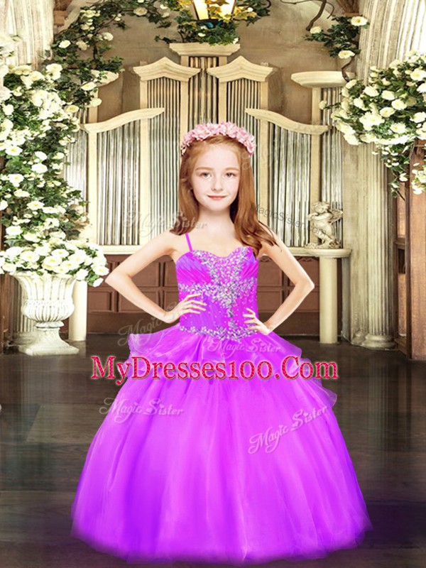 Lilac Lace Up Spaghetti Straps Beading Little Girls Pageant Dress Organza Sleeveless