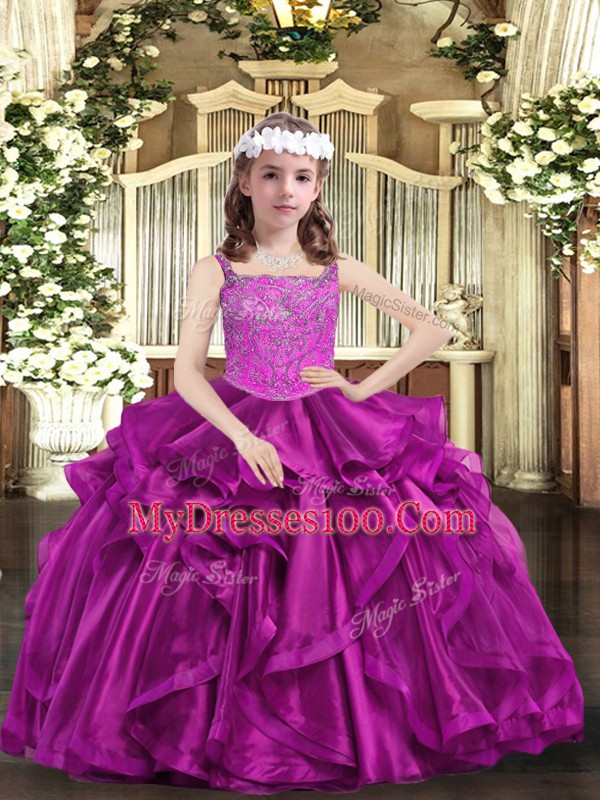 Fuchsia Ball Gowns Organza Straps Sleeveless Beading and Ruffles Floor Length Lace Up Pageant Dress for Womens