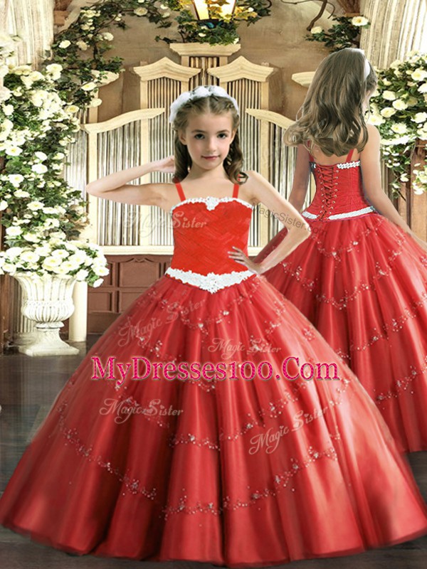 Floor Length Red Pageant Dress Toddler Tulle Sleeveless Appliques