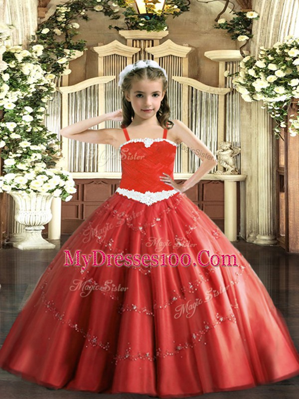 Floor Length Red Pageant Dress Toddler Tulle Sleeveless Appliques