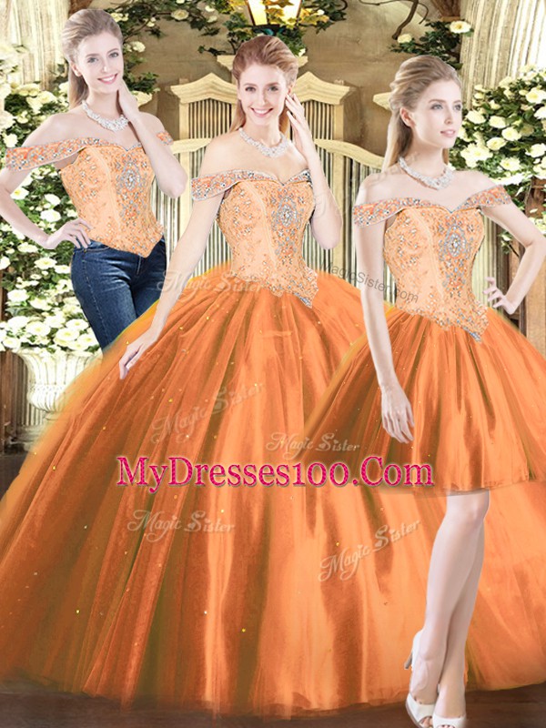 Ball Gowns 15th Birthday Dress Orange Red Off The Shoulder Tulle Sleeveless Floor Length Lace Up