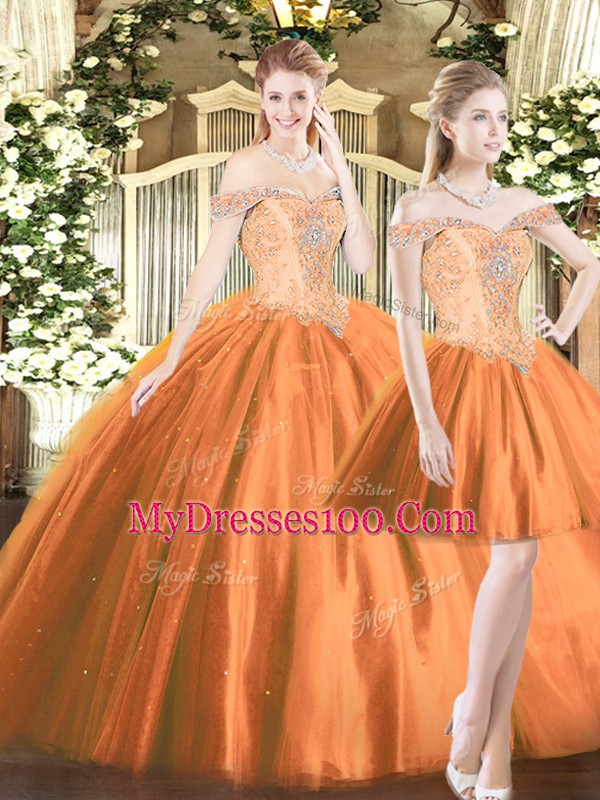Ball Gowns 15th Birthday Dress Orange Red Off The Shoulder Tulle Sleeveless Floor Length Lace Up